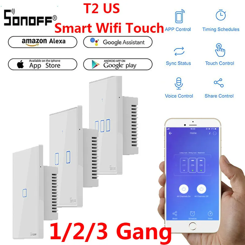 SONOFF T2 US TX Basic Smart Wifi сенсорный настенный выключатель света с рамкой умный дом 433 RF/Voice/APP Управление работает с Alexa