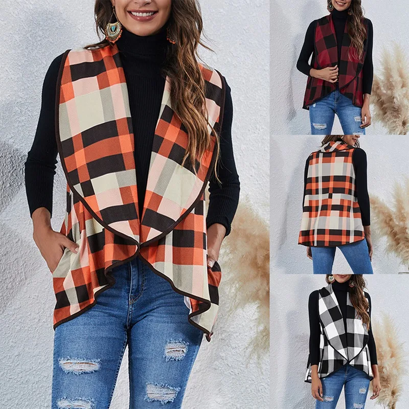 

Women Vest Coat Spring Fall Lapel Fashion Irregular Check Cardigan Vest Coat