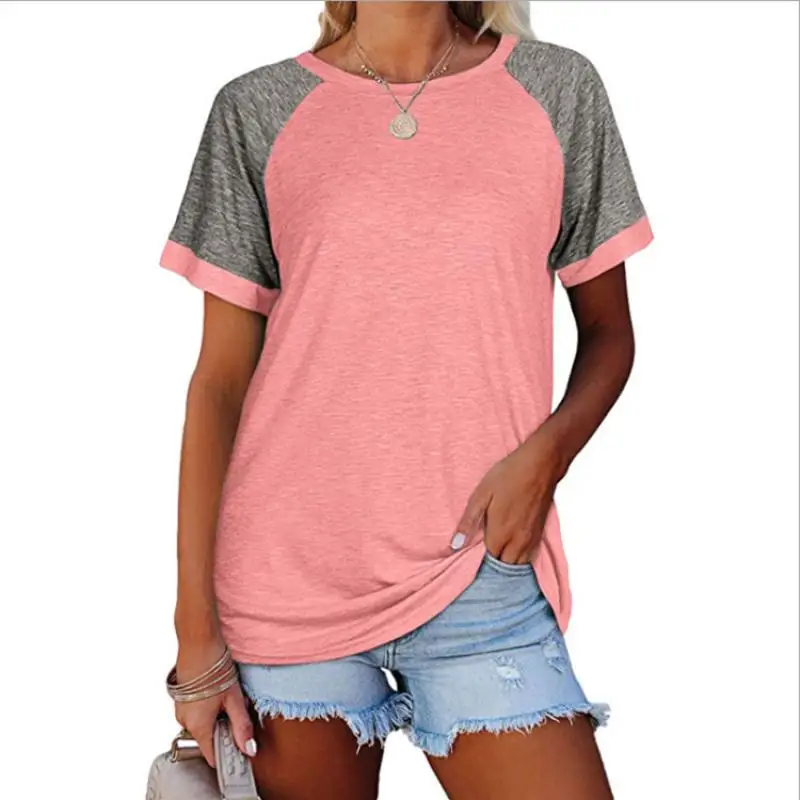 

Female Clothing 2021 New Women's Top Summer Casual Loose Round Neck Raglan Sleeve Contrast Short Sleeve T-shirt
