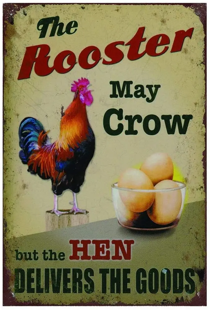 

Metal Signs The Rooster May Crow but The Hen Delivers The Goods Retro Vintage Chic Style Decorative Old Metal Signs
