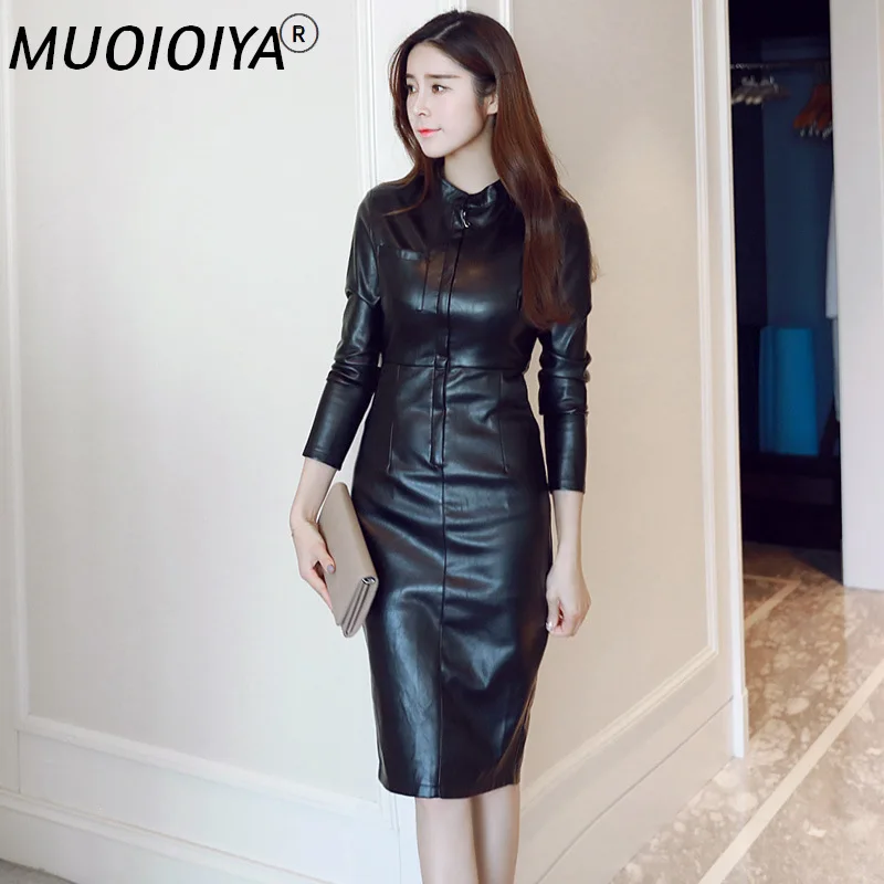 

Women Long Sleeve Bodycon PU Leather Dress Fashion Elegant Office Ladies Autumn Winter Club Party Midi Pencil Dresses Plus Size