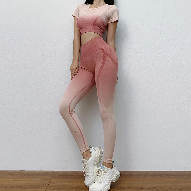

Women Seamless Yoga Set Fitness Clothing Workout Clothes Gradient Crop Top Short Sleeved High Waist Leggings Sport Suit Female