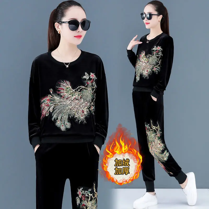 Two-piece 2020 New Fashion Heavy Industry Printing Stitching Female Autumn Velvet Casual Sports Suit Pants