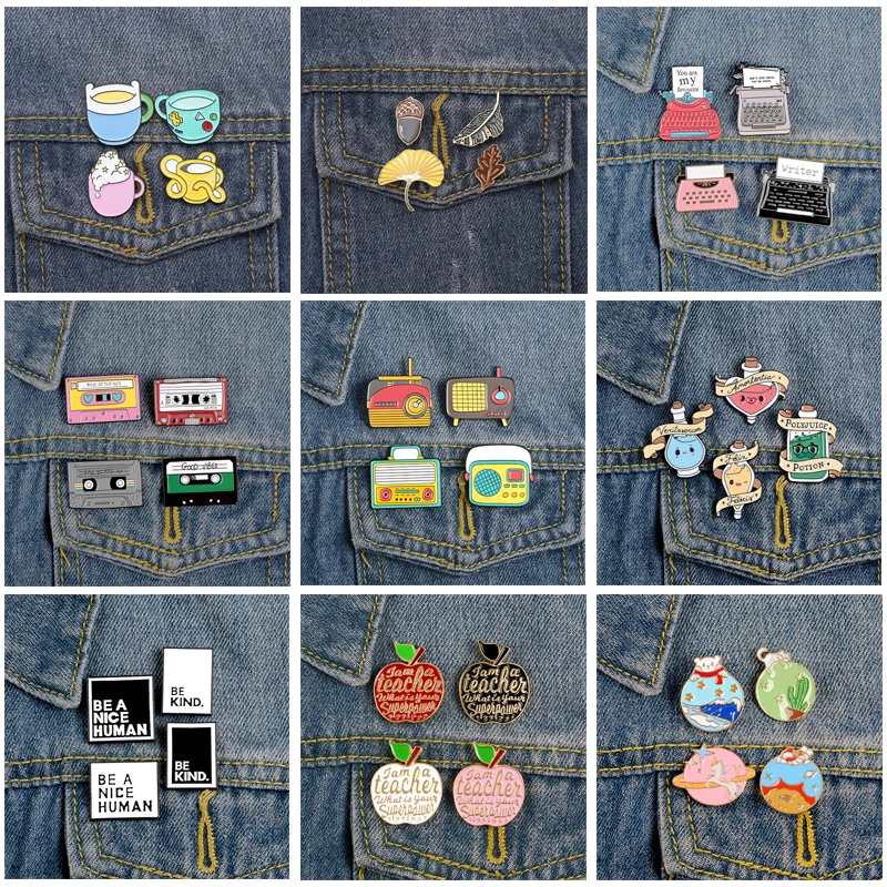 4 unids/set Pines de esmalte para mochila máquina de escribir cinta de Audio humor poción broches insignias de moda Pin joyería regalos amigos al por mayor