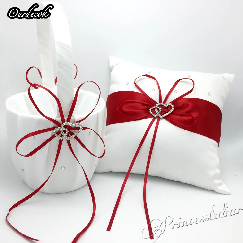 OurDecor 4 шт./компл. Красное Свадебное Украшение свадебное атласное кольцо Подушка +