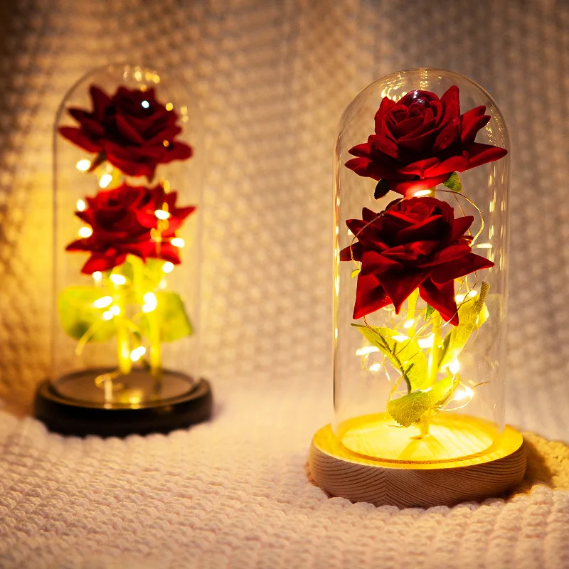 

Valentine's Day Gift Eternal Flower Glass Cover Rose Flower LED Lamp Wedding Decoration Table Scene Layout Simulation Flower