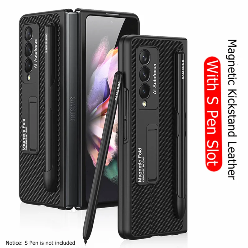 

Magentic Kickstand Carbon Fiber Texture Leather Case for Samsung Galaxy Z Fold 3 5G Phone Cover With S Pen Slot Holder ( NO Pen)