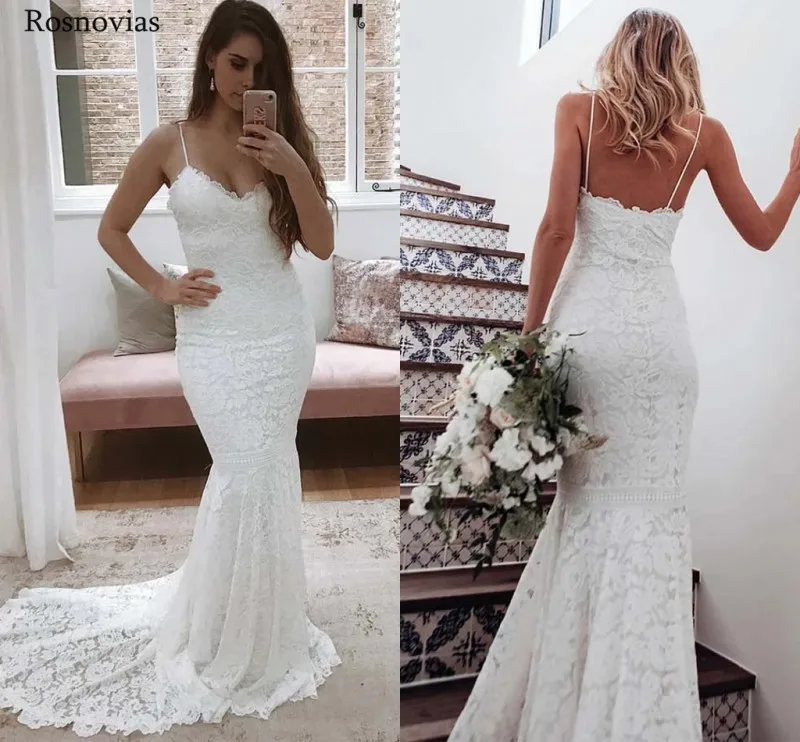 Boho полный Кружева Русалка Свадебные платья 2019 Спагетти ремень спинки развертки