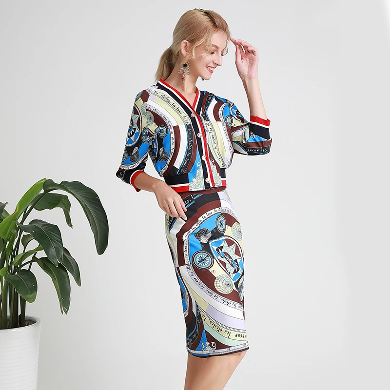 AELESEEN офисные женские винтажные костюмы с принтом 2019 осенние короткие блузки