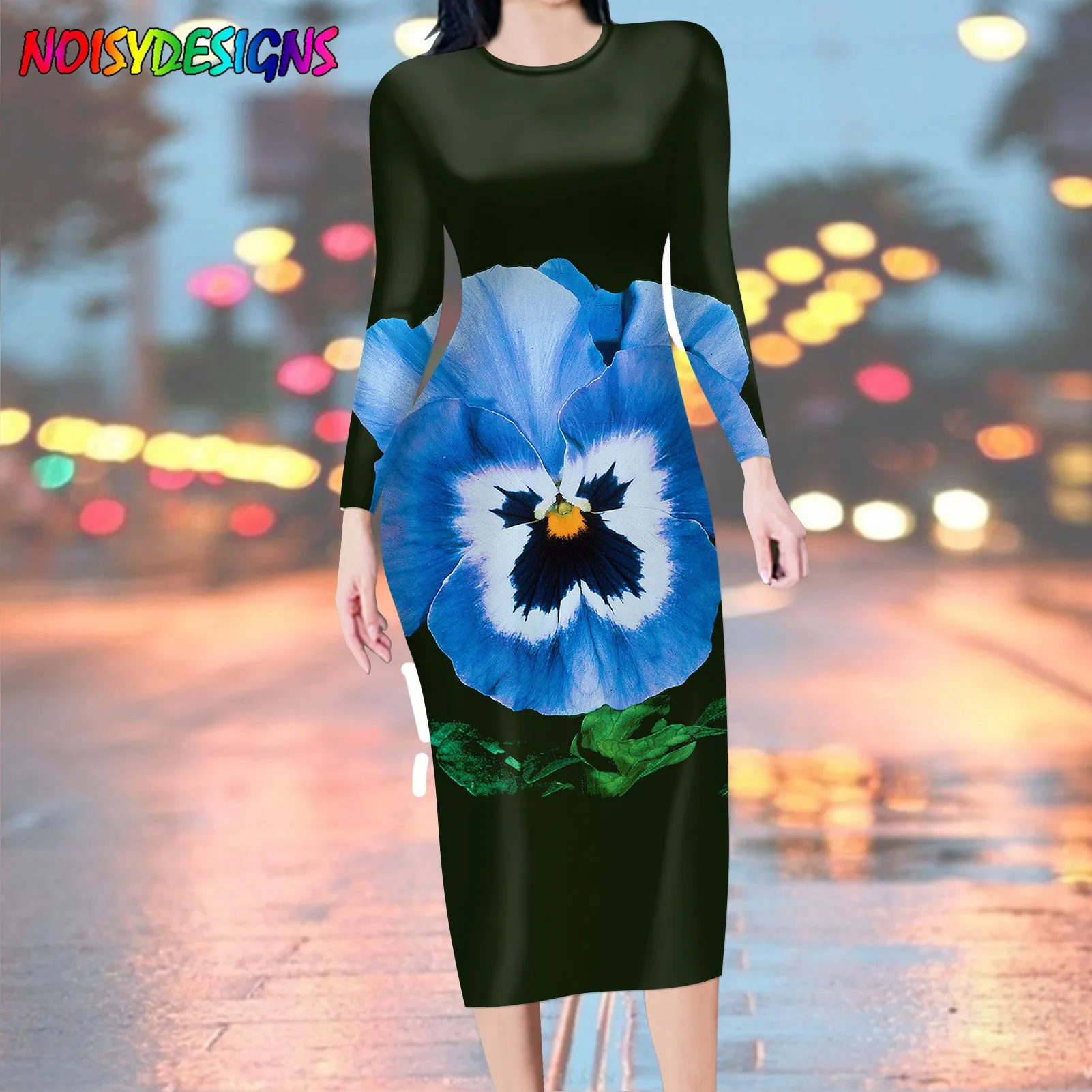 NOISYDESIGNS 2021 Autumn Women Bodycon Maxi Dress Long Sleeve Pansy Flowers Printing Dresses Fashion Casual Female Vestido Femme
