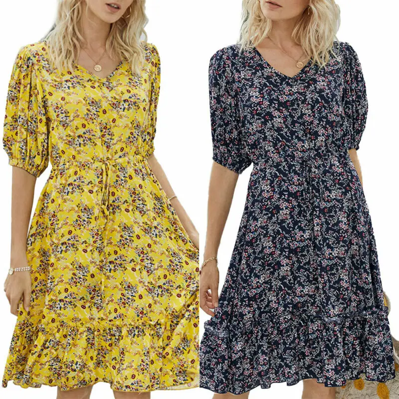 

Trevor Womens Lady Floral V Neck Midi Dress Ladies Short Sleeve Holiday Beach Sundress
