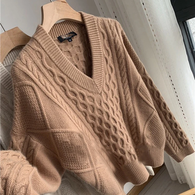 

Autumn and winter new heavyweight cashmere sweater V-neck pullover loose ladies sweater bottoming shirt short knit sweater
