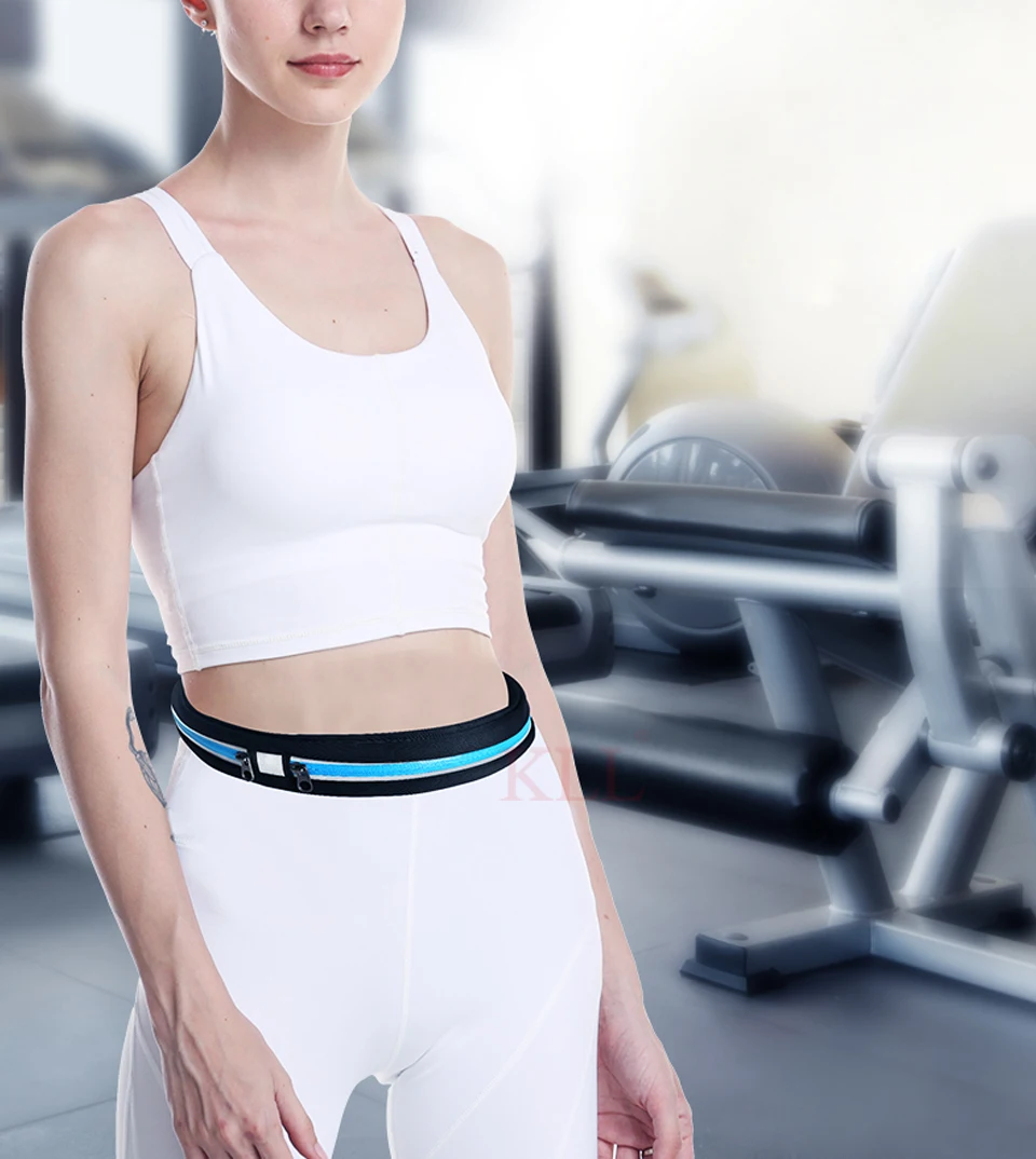 Sports Running Belt Slim Waist Pocket Belt Outdoor Dual Pouch 2 Pockets Sweatproof Reflective Waist Pack Fitness Workout Bag