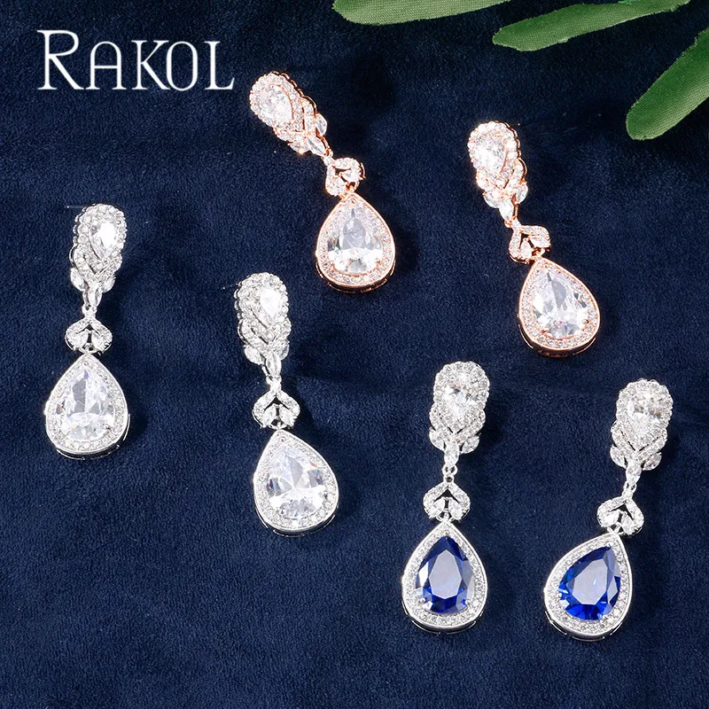Женские Висячие серьги с фианитом RAKOL синие каплями воды для свадебного обеда