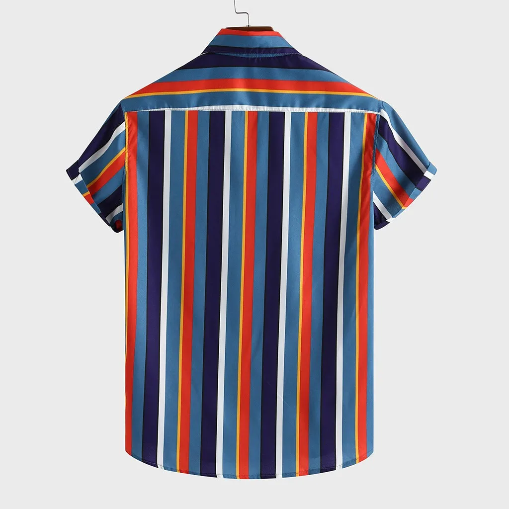 2021Summer Men's Breathable Stripe Summer Short Sleeve Loose Buttons Casual Shirt Blouse