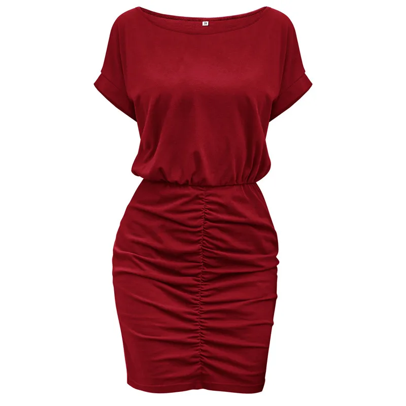 

2021 Summer New Women's Dress Drawstring Short-Sleeved Pleated Mini Dress Casual Solid Color Elastic Waist Bag Hip Dress Vestido