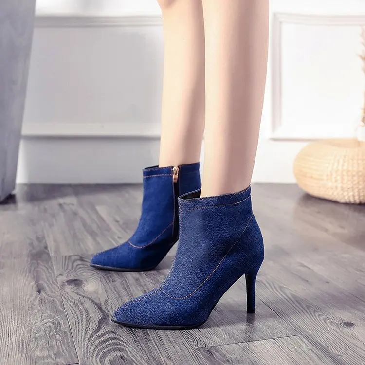 Женская обувь на высоком каблуке синие джинсовые ботинки тонком ботильоны Martin