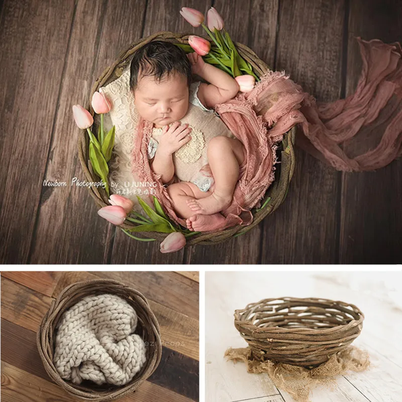 Newborn Baby Photography Props Natural Thick Rattan Basket Hand-Woven Bird Nest Studio Photo Posing Bed Background Accessories