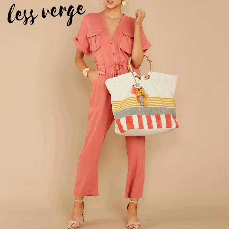 lessverge Green v neck short sleeve women jumpsuit long Casual pockets lace up ladies jumpsuit romper Plus size sexy overalls