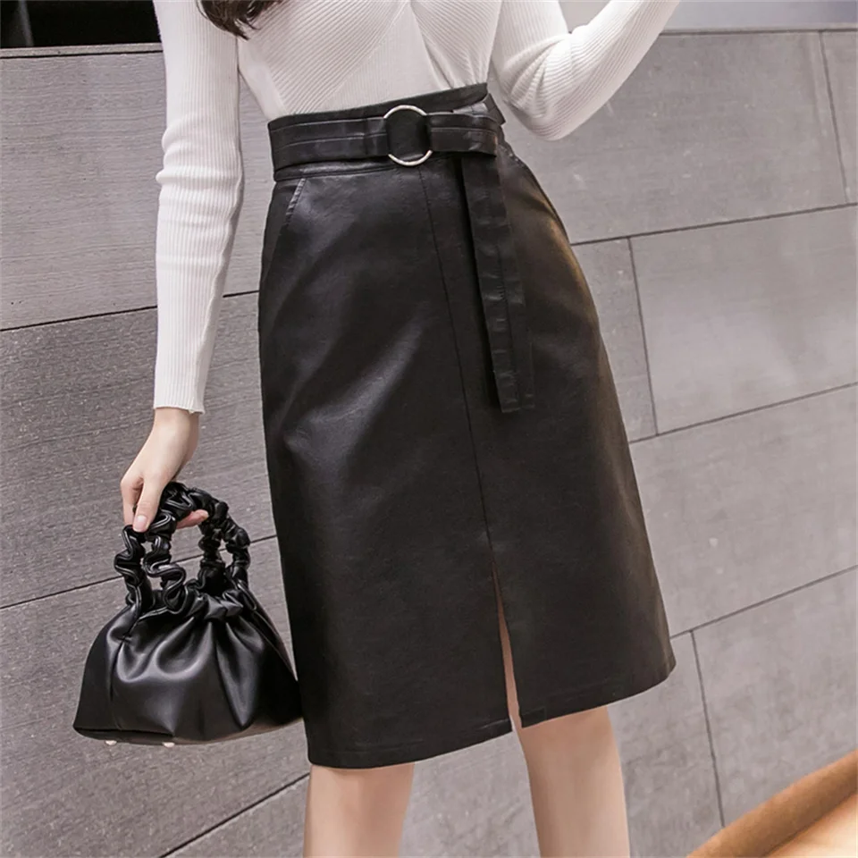 

Autumn Fashion Elegant High Waist Split Pu Leather Skirts Women All-match Short Skirt Casual Package Hip Skirt Female with belt
