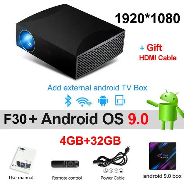 Vivicine F30 Full HD Домашний кинотеатр 1080P проектор, портативный 1920x1080 HDMI USB PC Видеопроектор для видеоигр - Цвет: Android  9.0 32G