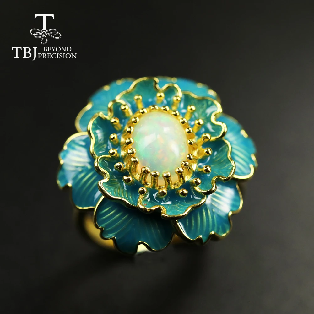 

Natural Ethiopia Opal Ring oval 6*8mm Big flower black opal Ring 925 sterling silver yellow gold gemstone Ring for women