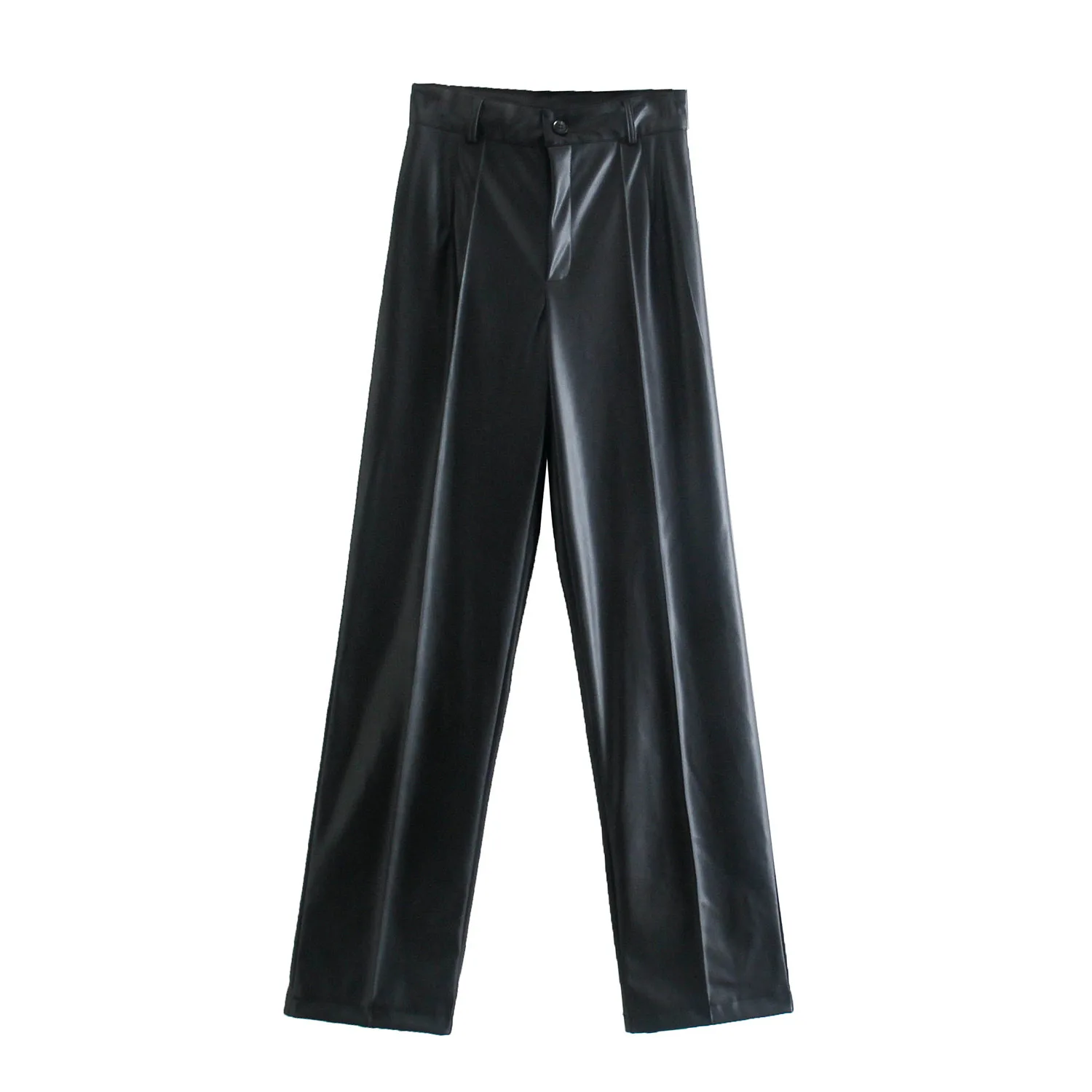 

2021 Fall/Winter Women's High Waist Black PU Faux Leather Straight Pants Fashion Street Zipper Flanging Women's Pants Mujer traf