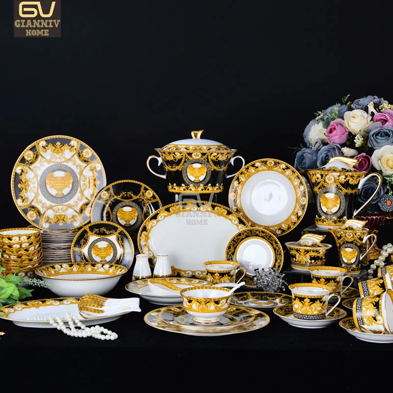 

European underglaze luxury Baroque bone china tableware set 69 head ceramic Western tableware plate bowl spoon coffee set
