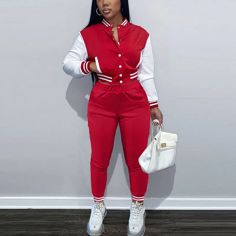 

Women Autumn Winter Two Piece Casual Tracksuits Long Sleeve Button Up Bassball Jacket & Slim Pants Set