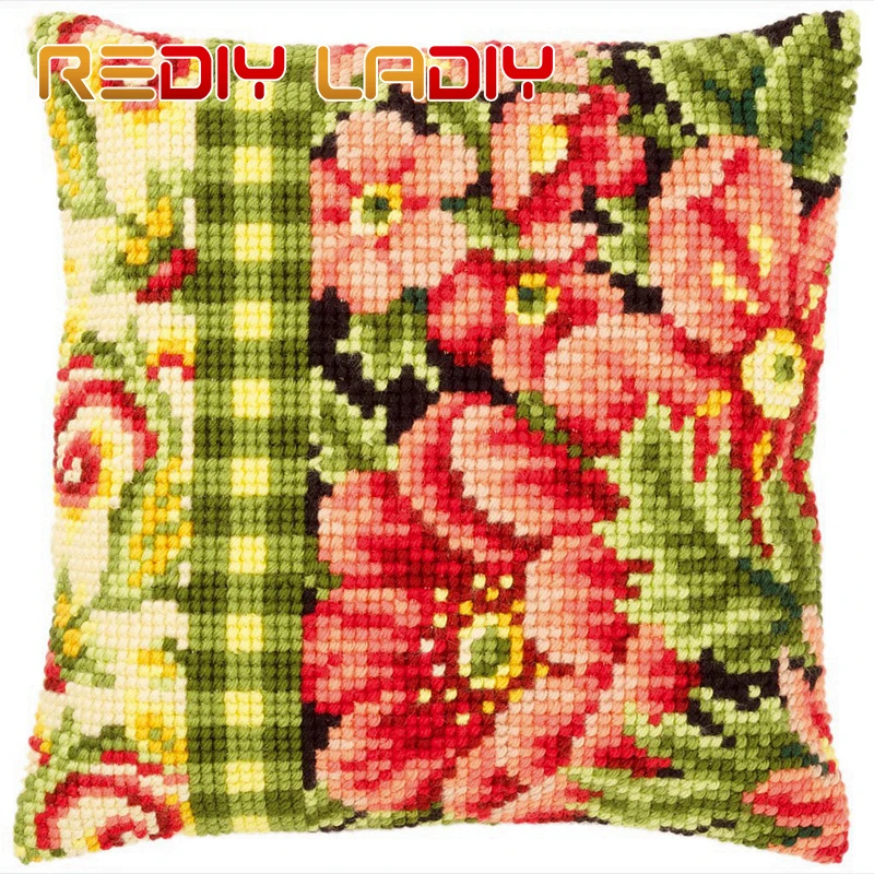 

Cross Stitch Cushion Flowers Swirls Make Your Own Pillow Chunky Cross Stitch Kits Pre-Printed Canvas Acrylic Yarn Pillow Case