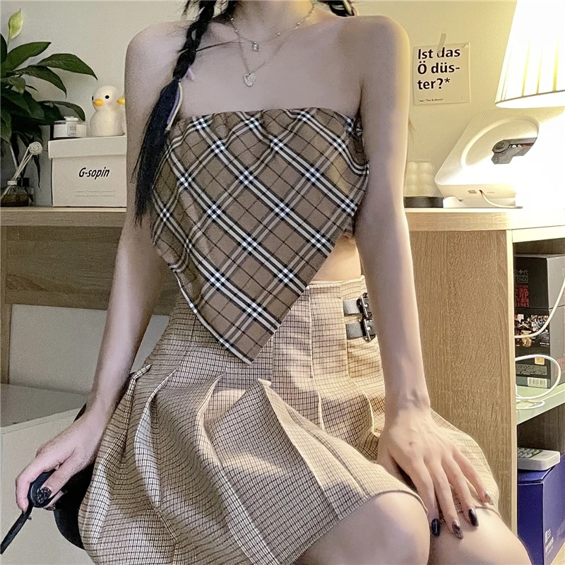 

Summer Women's 2021 Women's Plaid Sexy Tube Top Women Irregular Length Tight-Fitting Strapless Plaid Short Vest Women's Club