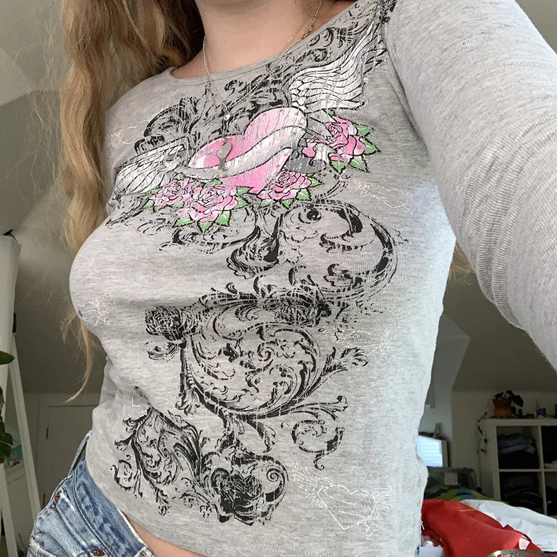 

Cartoon Heart Print Y2K T Shirt Fairycore Skinny Cropped Tops O Neck Long Sleeve Clothes For Women Harajuku Streetwear T-shirt