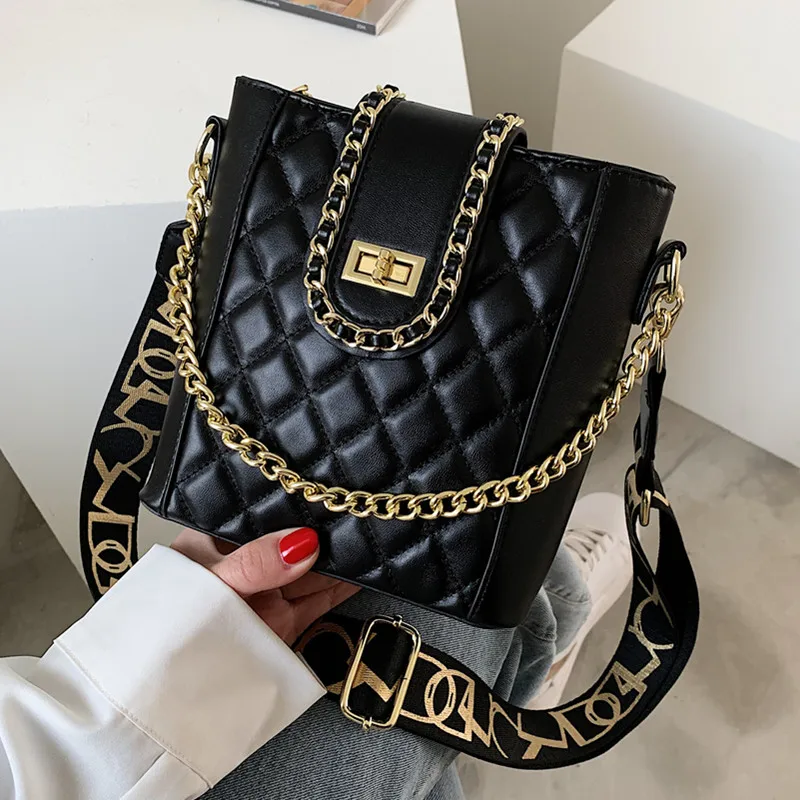 

Luxury Pu Leather Handbags Female Rhombus Lattice Crossbody Bag Metal Chain Tote Bag Wide Shoulder Strap Women Messenger Bag Sac
