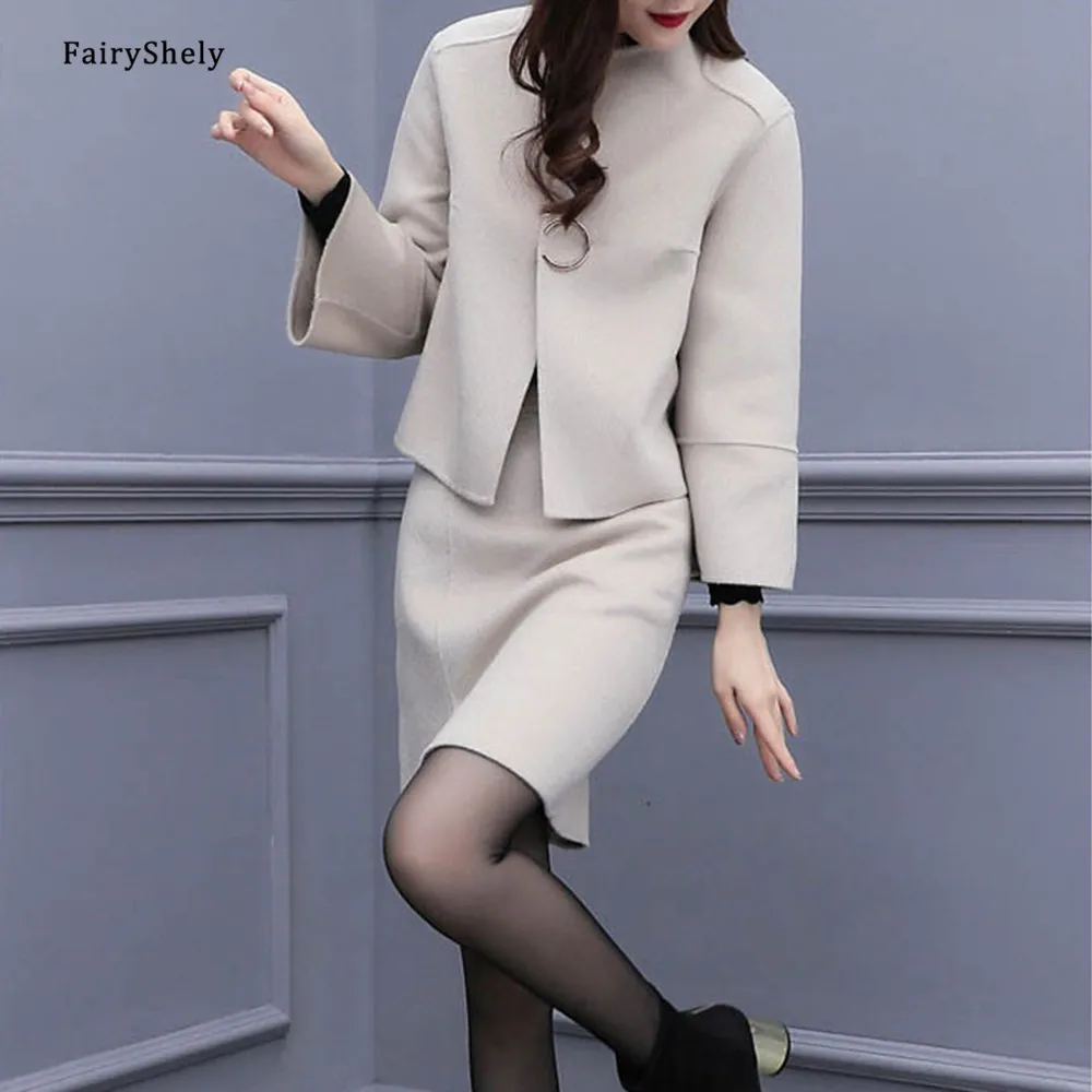 FairyShely Korean Casual Office Ladies Work Skirt Crop Coat Suit Women 2020 Autumn Winter Pocket Woolen Jackt Skirt 2 Piece Set