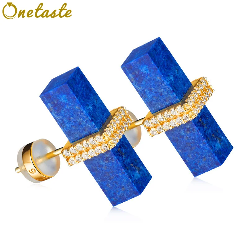 

Простой Синий Lapis Lazuli Циркон 925 Серебряные серьги для женщин модные позолоченные геометрический сережки с натуральным камнем 2021 новая тенде...