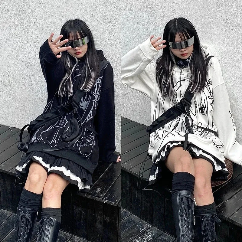 

Japanese Autumn Winter New Anime Print Gothic Hooded Plus Size Loose Hip Hop Sweatshirt Punk Streetwear Harajuku Women Hoodies