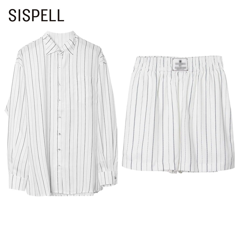 

SISPELL Striped Colorblock Two Piece Sets For Female Lapel Collar Long Sleeve Shirt With High Waist Pants Women's Suits New 2021