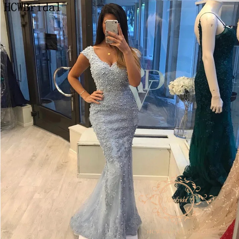 

Luxury Sliver Pearls Mermaid Evening Dress V Neck Floor Length Long Occasion Dresses Customize Robe De Soiree Abendklerider