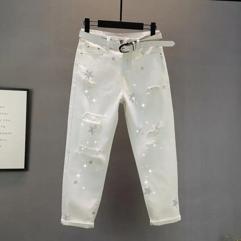 

Shine Star Sequined White Women Jeans Autumn Winter High Waist Hole Straight Ankle Length Streetwear Female Pants Top Quality