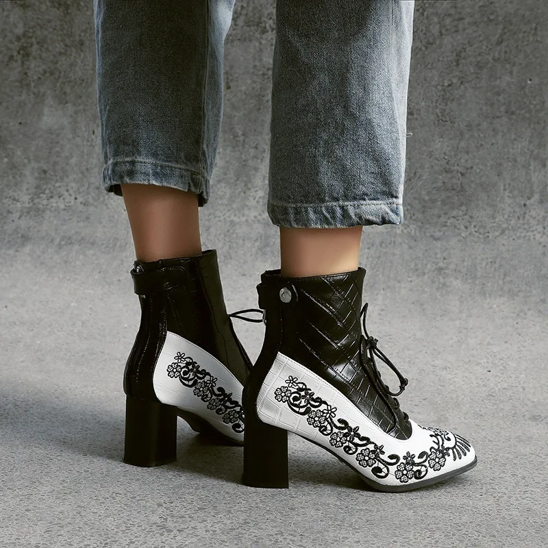 Осень зима сапоги женские ботильоны с вышитыми цветами Плотные туфли лодочки на