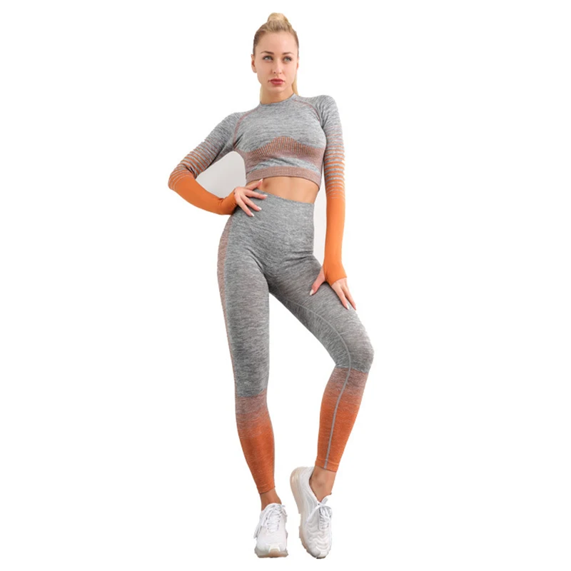 

2 Piece Set Women Striped Sports Seamless Leggings Fitness Yoga Clothing Suit Knitted Stretch Fitness Yoga Clothing 2020 New