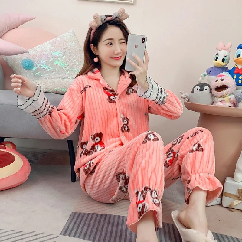 Autumn and Winter Coral Velvet Pajamas Women's Suit 2021 New Flannel Thickened Plus Velvet Warm Home Service