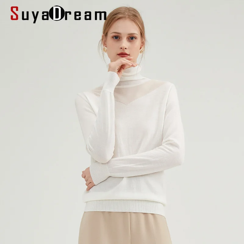

SuyaDream, женские зимние свитера, 100% шерсть, водолазка, прозрачные пуловеры, 2021FW, теплые свитера для женщин, белый и черный цвета