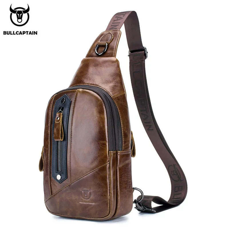 BULLCAPTAIN Leather Men's Shoulder Messenger Top Layer Cowhide Trend Soft  Slim Multifunctional Chest Bag