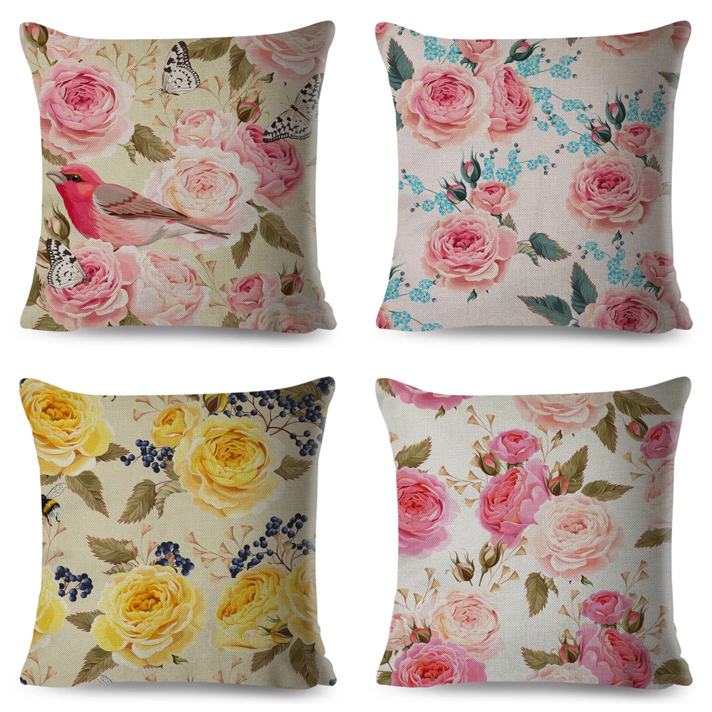 Скандинавский стиль роза цветок и птицы подушка чехол Декор цветочное растение