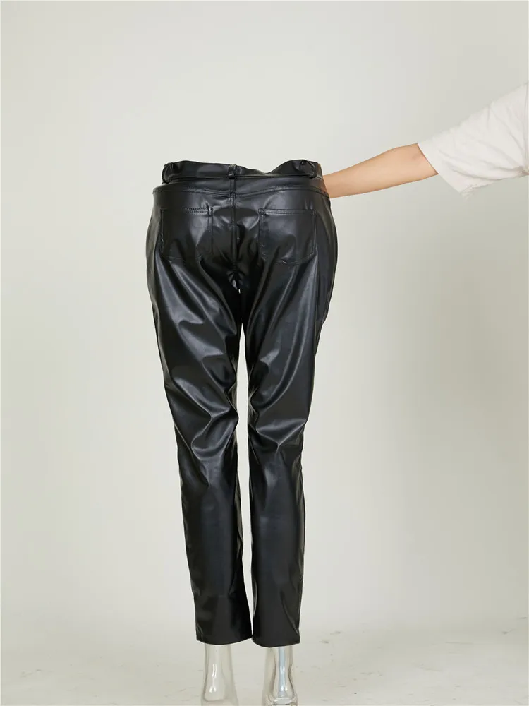 

2021 European and American ladies fashion tight-fitting casual zipper mid-waist leather pants 374