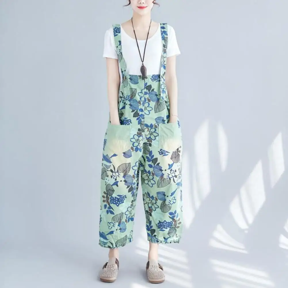 

Spring Literary Womens Fashion Floral Print Loose Nine-points Denim Jumpsuit Retro Hole Stitching Straight Casual Trousers