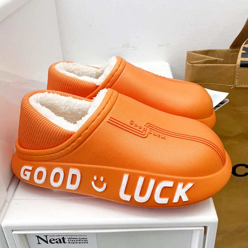 New Warm Plush Winter Women Cotton Slippers Waterproof Thick Sole Non-Slip Solid Couple Shoes Fashion Cozy Men House Slipper