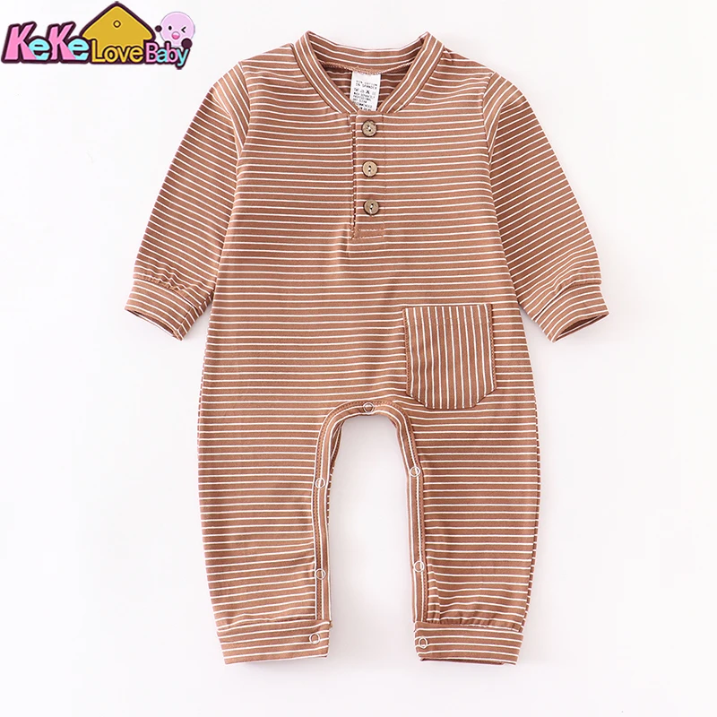 Summer Newborn Baby Boy Clothes Solid Color Rompers Cotton Stripe Khaki Long Sleeve Toddler Jumpsuit Infant Girl Clothing 3-18M