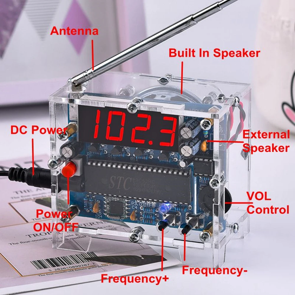 Radio DIY Kit 87MHz-108MHz Mini TEA5767 FM Receiver DC LED Digital Display 5W Speaker Antenna Transparent Shell |